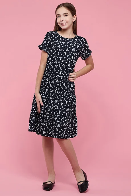 أر أند بي Printed Tiered Dress with Cre Neck and Puff Sleeves