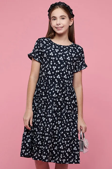 أر أند بي Printed Tiered Dress with Cre Neck and Puff Sleeves