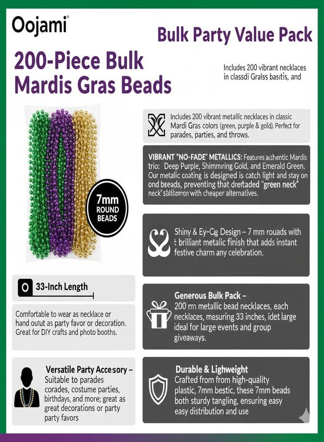 Oojami 200-Piece Bulk Mardi Gras Beads - 33" Round 7mm Metallic Necklaces - Gold, Green & Purple Party Favors for Parade Throws, Carnival & Masquerade (200) - Image 5