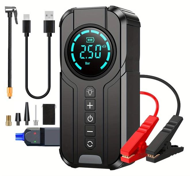 SUPER 5 4 in 1 Jump Starter Air Pump Portable Air Compressor Power Bank Lighting Car Battery Starter Starting Auto Tyre Inflator - Image 1