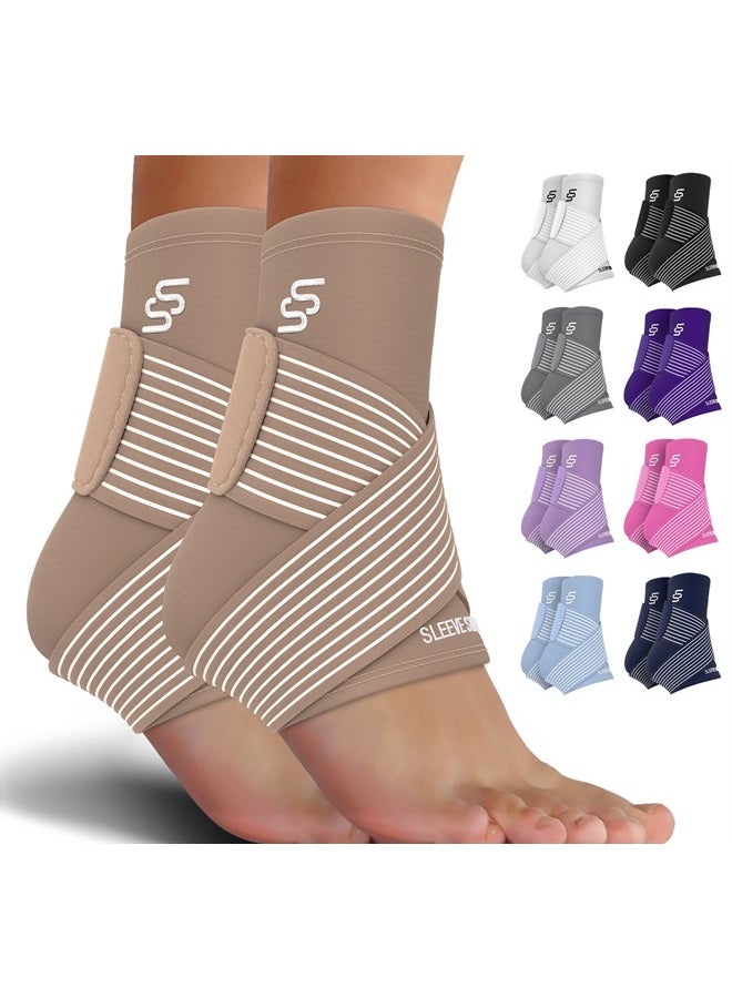 SS SLEEVE STARS Brace for Women And Men, Plantar Fasciitis Relief for Ankle Compression Sleeve With Ankle Support Strap, Tendonitis, Sprain Heel Wrap for Heel Pain - Pair Beige  - Image 2