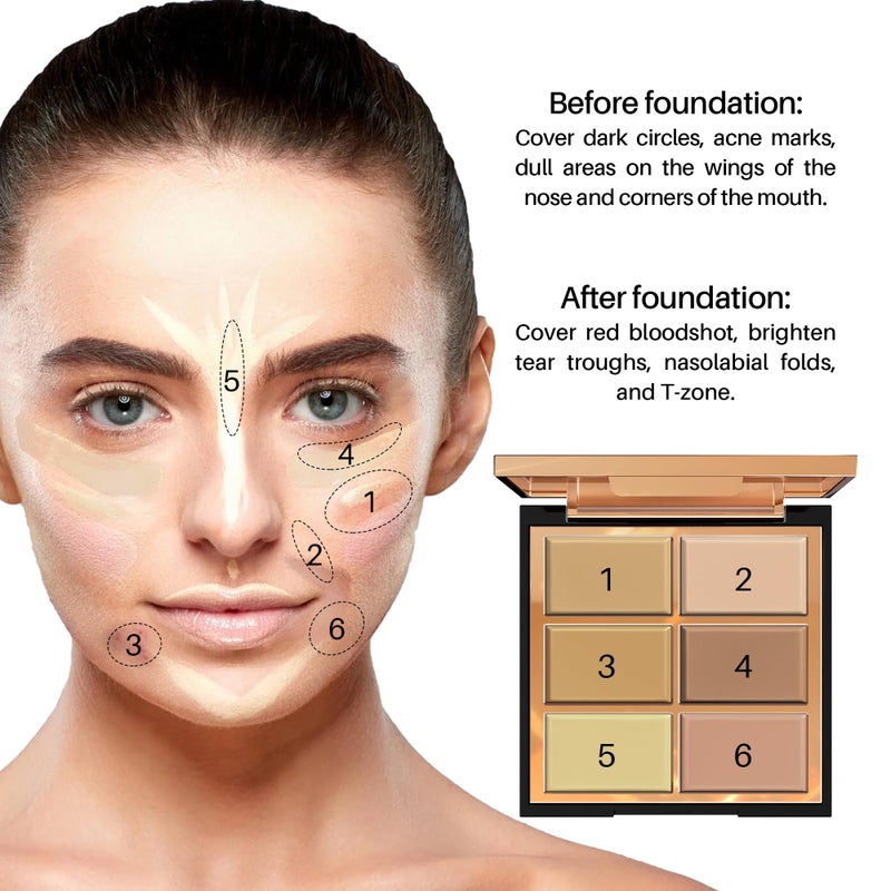 FV 6 Colors Cream Concealer Palette, Full Coverage & Long Lasting Colors Corrector Palette for Dark Circles, Redness, Acne with Natural Finish Cream Foundation Palette, 01 Light Shade - Image 3
