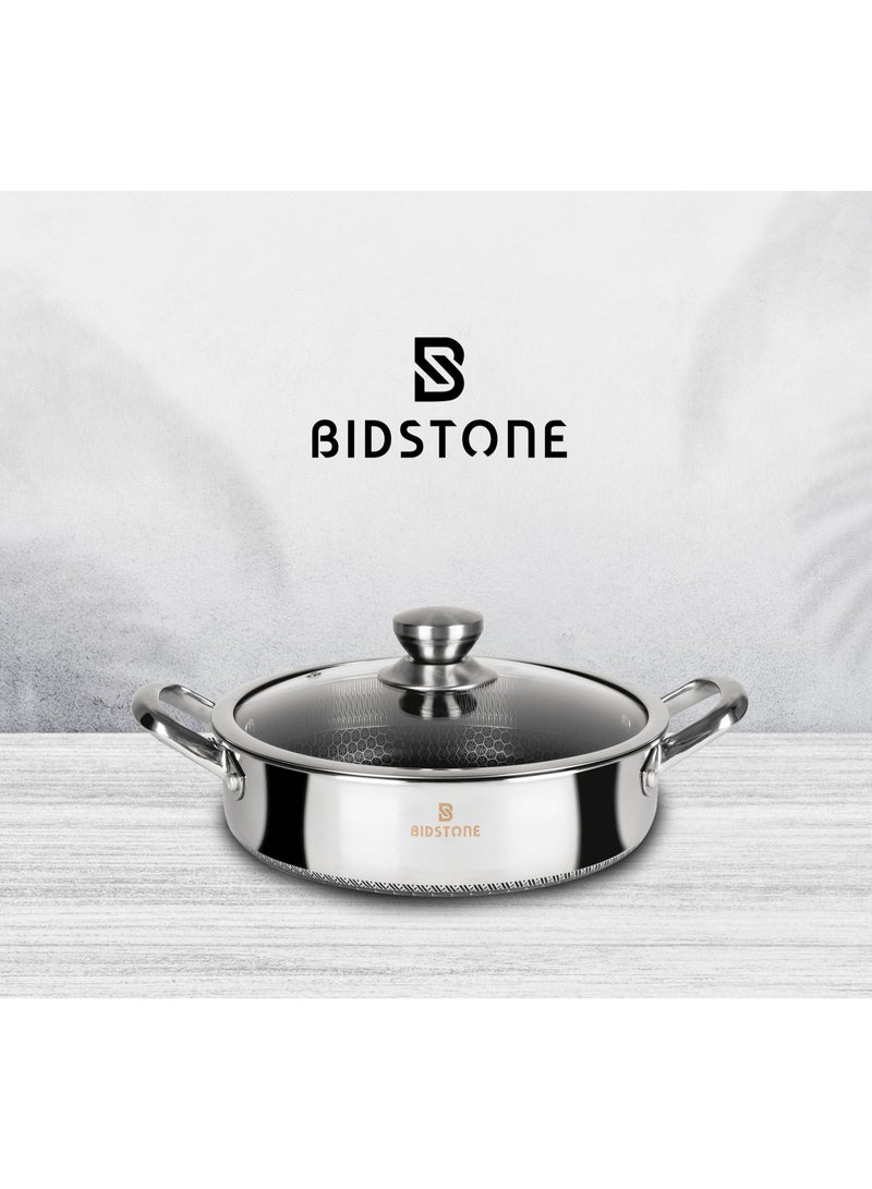 Bidstone Silver Finish Shallow Pot 28 CM (4.5 L) – Oven Safe, Heat Resistant Glass Lid, Laser Honeycomb Non-Stick, Dishwasher Friendly, 2-Piece Set - Image 1