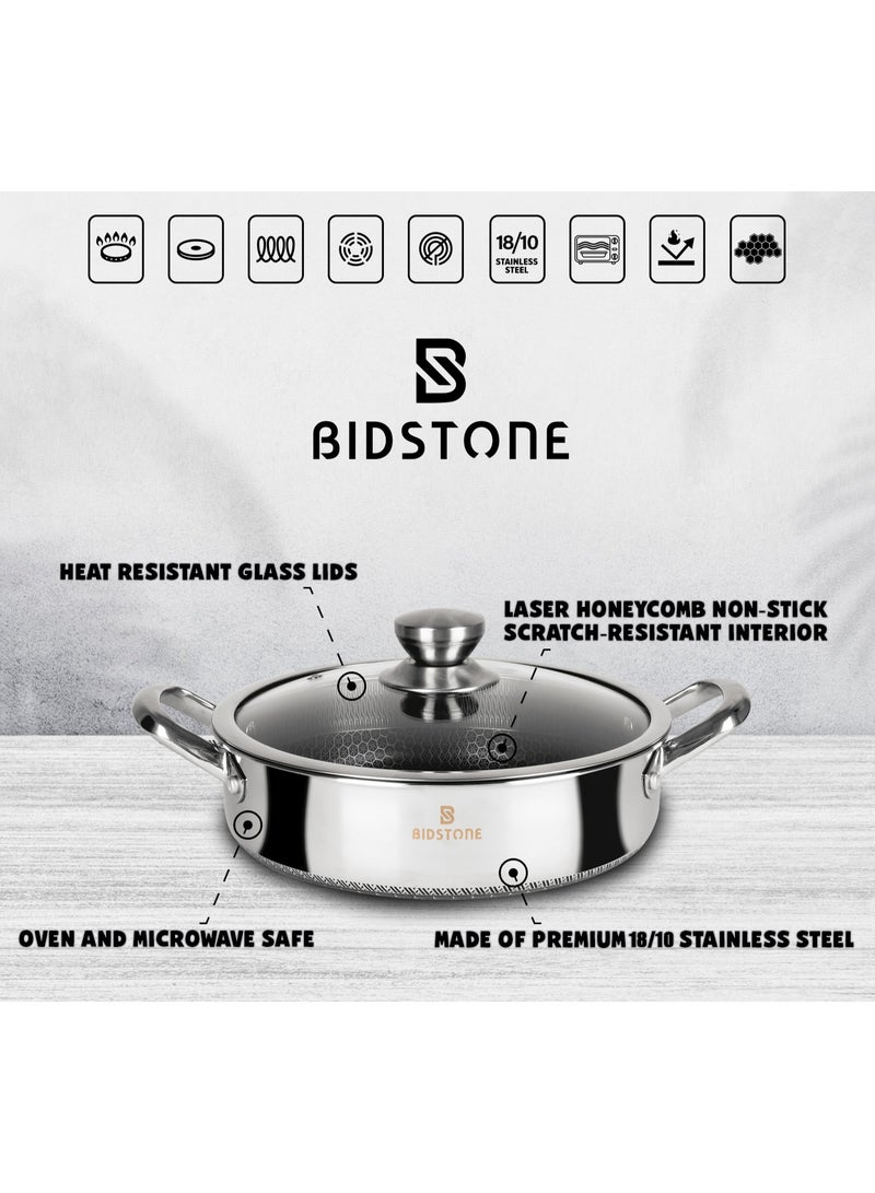 Bidstone Silver Finish Shallow Pot 28 CM (4.5 L) – Oven Safe, Heat Resistant Glass Lid, Laser Honeycomb Non-Stick, Dishwasher Friendly, 2-Piece Set - Image 2
