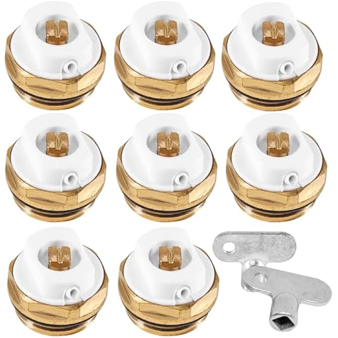 PACK OF 8 RADIATOR BLEED VALVES 1/2 INCH - BRASS HEATING DRAINAGE VALVE WITH 2 BLEED KEYS, RADIATOR VALVES FOR AIR DEFLATION, DURABLE, TIGHT, IDEAL FOR CENTRAL HEATING SYSTEMS - Image 1