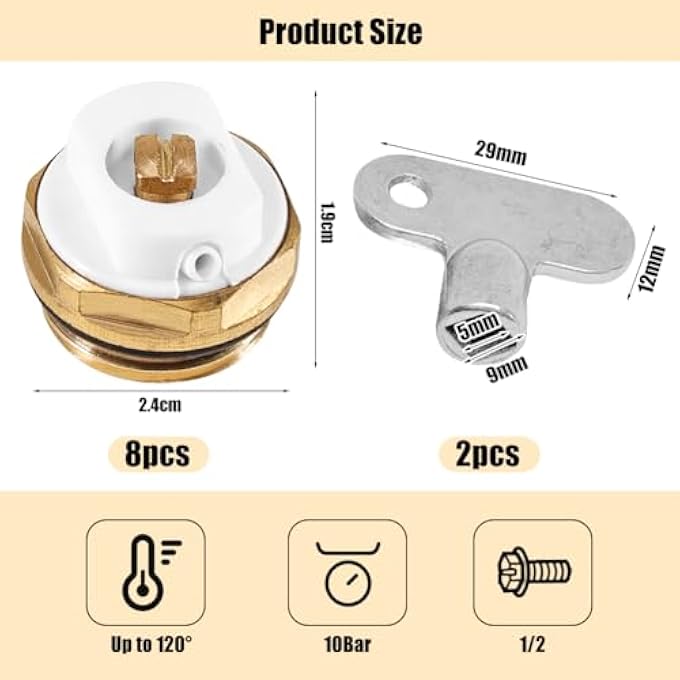 PACK OF 8 RADIATOR BLEED VALVES 1/2 INCH - BRASS HEATING DRAINAGE VALVE WITH 2 BLEED KEYS, RADIATOR VALVES FOR AIR DEFLATION, DURABLE, TIGHT, IDEAL FOR CENTRAL HEATING SYSTEMS - Image 3