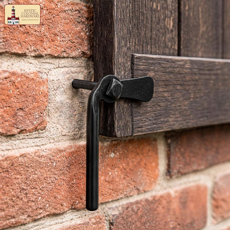SaKeGa Store Cast Iron Shutter Dogs Pair, Hand Forged Iron Offset Beacon Hill Shutter Tiebacks, Decorative Shutter Dogs Hardware with Mounting Screws - Set of 2, Oil Blackened Pair - Image 3