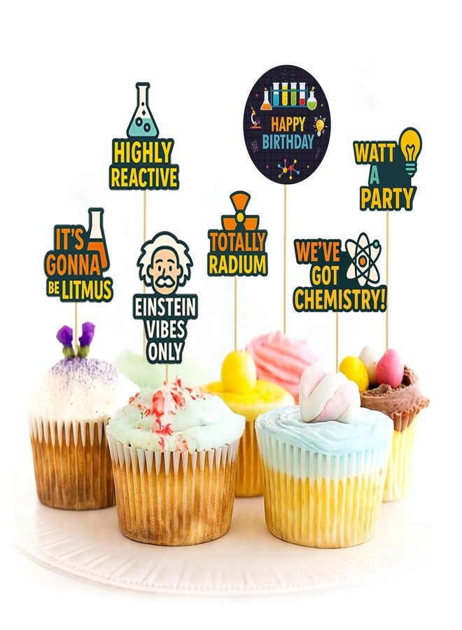 Just Party Science Theme Happy Birthday Cake Topper & Birthday Props for Kids | STEM Cake Toppers for Cake Decoration & Photo Props / Muffin Toppers | Set of 6 Props + 1 Topper - Image 1