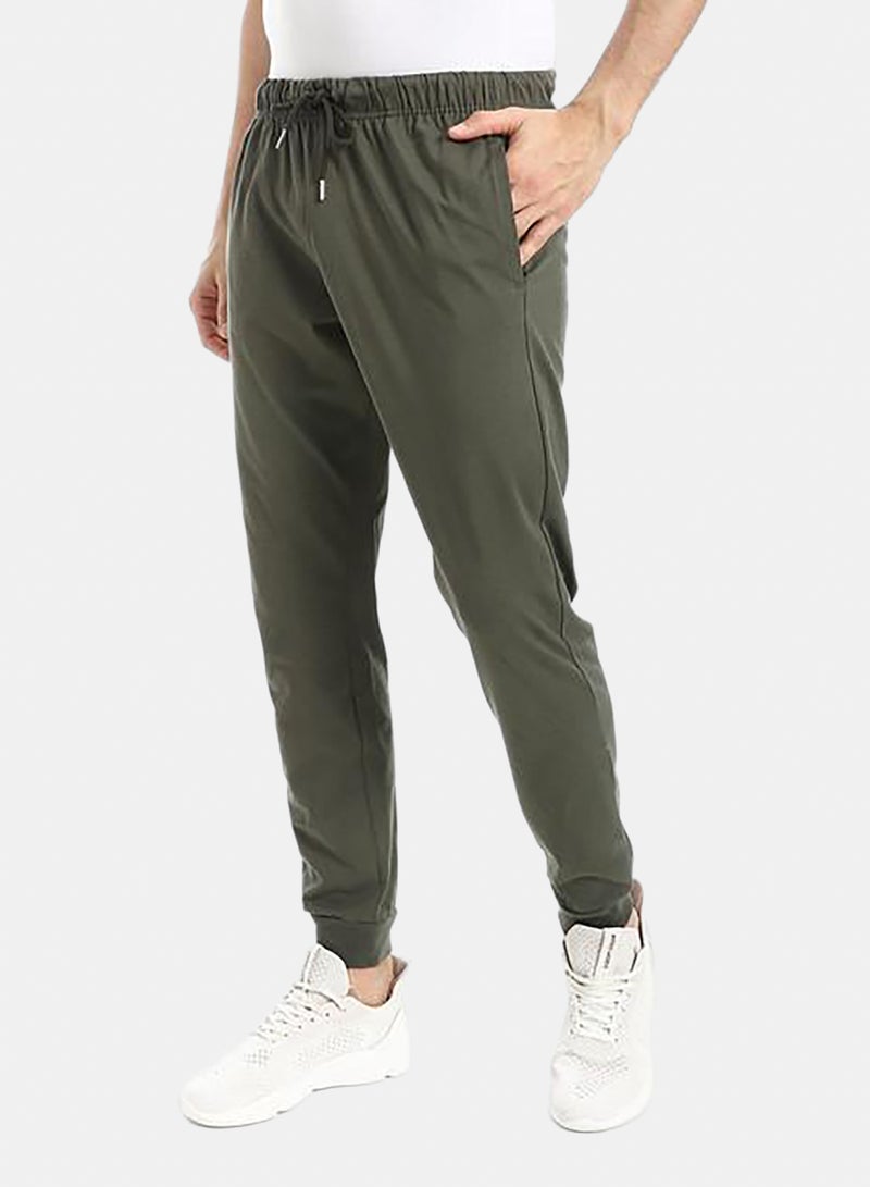 Army Green Elastic Waist Plain Sweatpants - Image 2