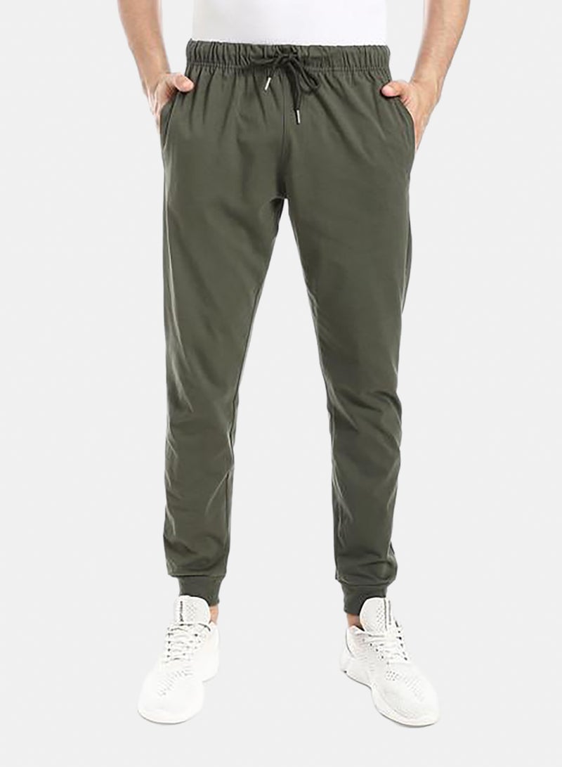 Army Green Elastic Waist Plain Sweatpants - Image 1