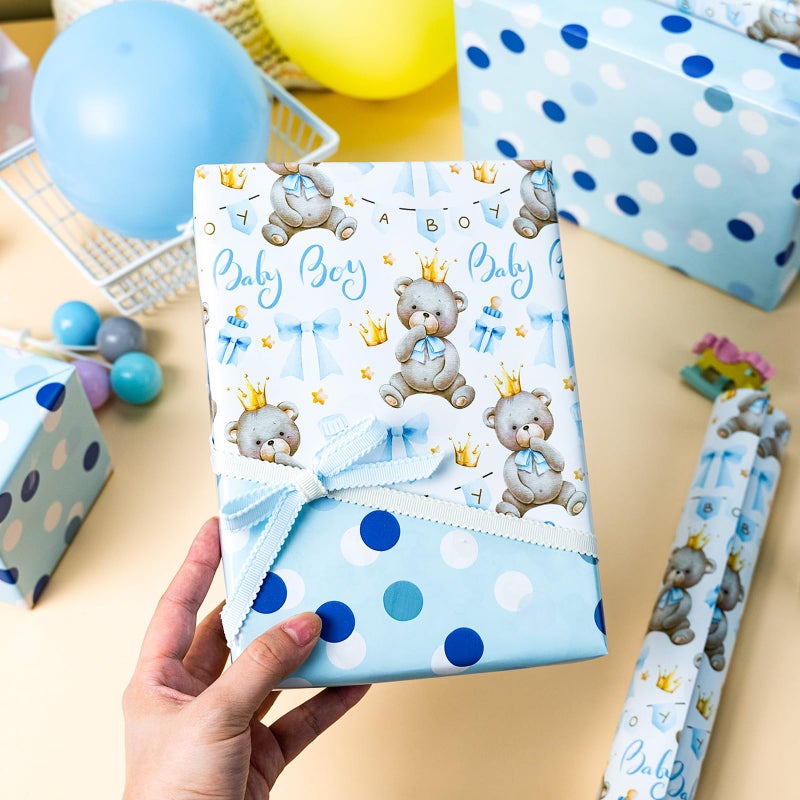 Yarcony Bear Baby Shower Wrapping Paper, Baby Boy Wrapping Paper, Reversible Watercolor Blue Bear, Bow & Polka Dot Little Boy Gift Wrap for Boys Birthday, Kid Party, 1st Birthday (17 Inch X 16.5 Feet) - Image 4