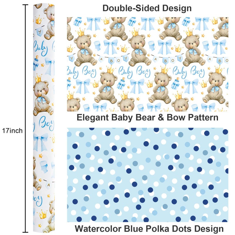 Yarcony Bear Baby Shower Wrapping Paper, Baby Boy Wrapping Paper, Reversible Watercolor Blue Bear, Bow & Polka Dot Little Boy Gift Wrap for Boys Birthday, Kid Party, 1st Birthday (17 Inch X 16.5 Feet) - Image 3