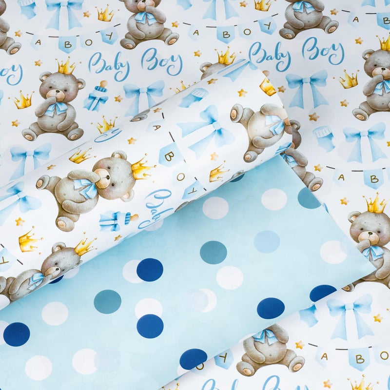 Yarcony Bear Baby Shower Wrapping Paper, Baby Boy Wrapping Paper, Reversible Watercolor Blue Bear, Bow & Polka Dot Little Boy Gift Wrap for Boys Birthday, Kid Party, 1st Birthday (17 Inch X 16.5 Feet) - Image 1