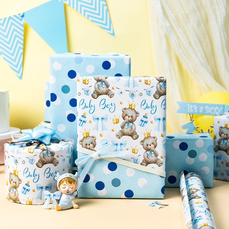 Yarcony Bear Baby Shower Wrapping Paper, Baby Boy Wrapping Paper, Reversible Watercolor Blue Bear, Bow & Polka Dot Little Boy Gift Wrap for Boys Birthday, Kid Party, 1st Birthday (17 Inch X 16.5 Feet) - Image 5
