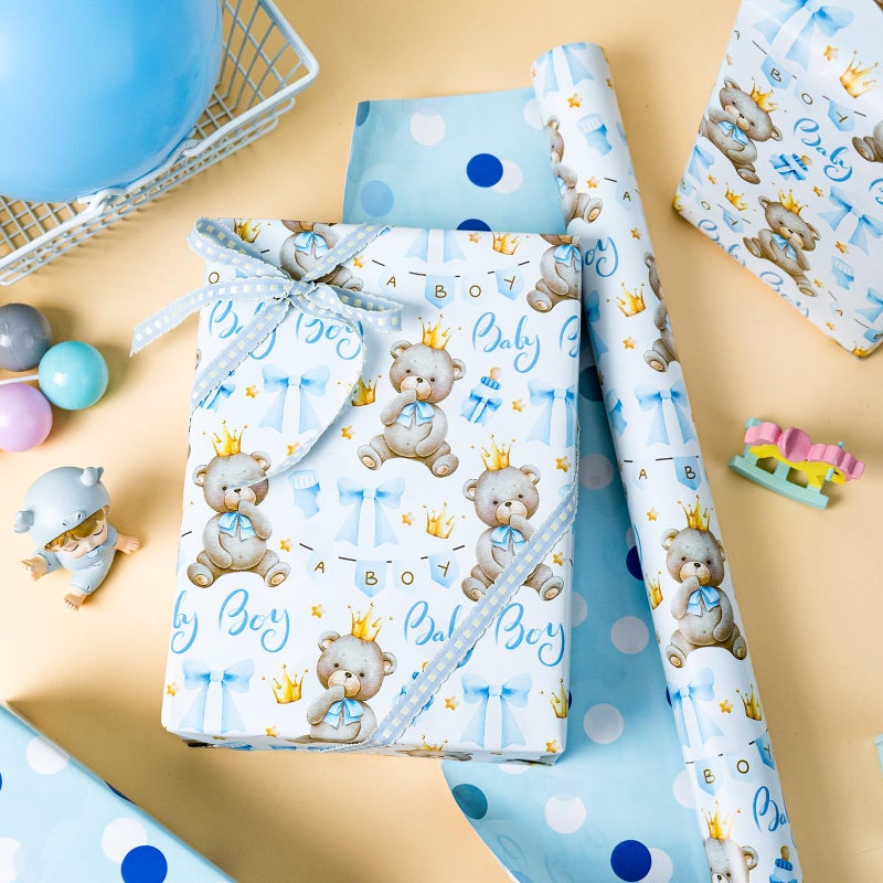 Yarcony Bear Baby Shower Wrapping Paper, Baby Boy Wrapping Paper, Reversible Watercolor Blue Bear, Bow & Polka Dot Little Boy Gift Wrap for Boys Birthday, Kid Party, 1st Birthday (17 Inch X 16.5 Feet) - Image 2