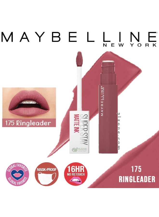 ميبلين نيويورك أحمر شفاه سائل سوبر ستاي مات إنك من مايبيلين نيويورك - يدوم 16 ساعة، مقاوم للانتقال والتلطخ - درجة اللون 175