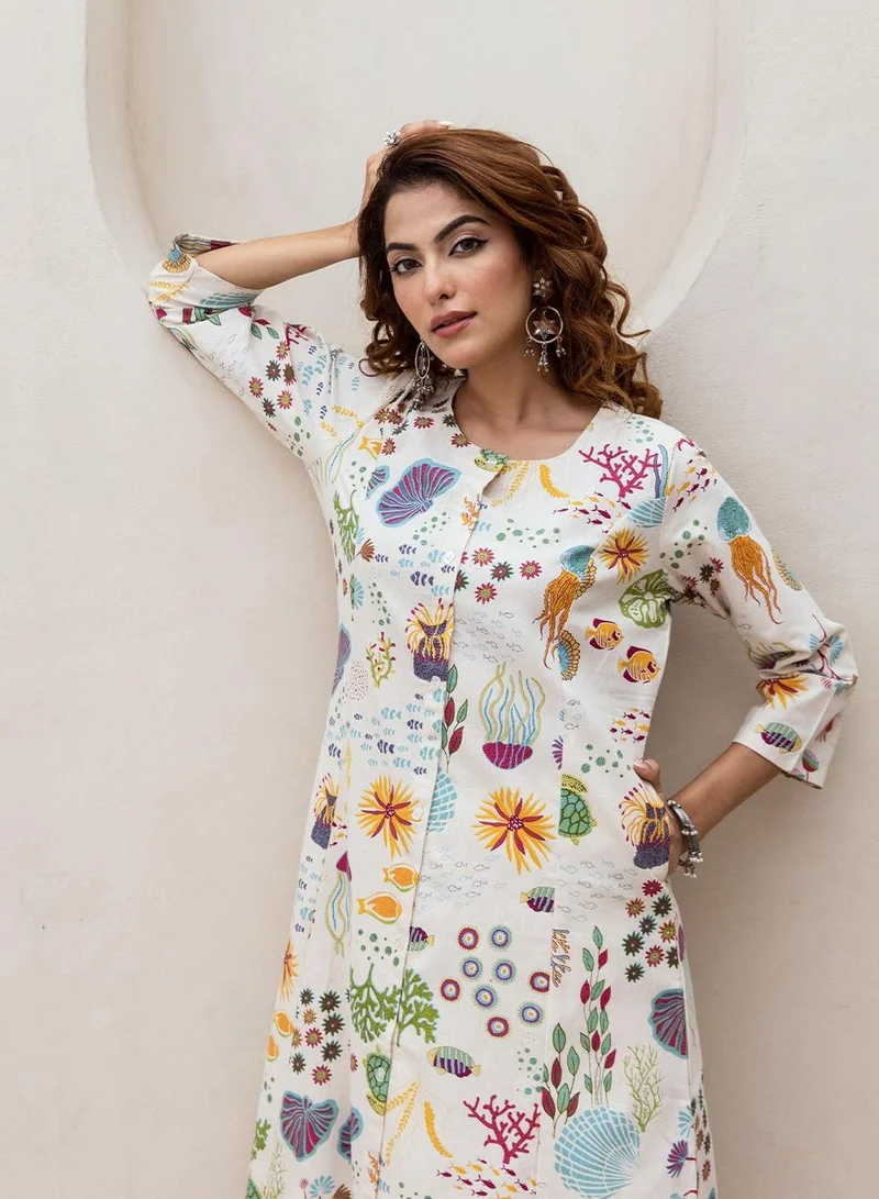 Women Off White Cotton 2 Pcs Kurta Set