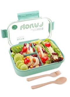 KASTWAVE Bento Lunch Boxes 3 Compartment Green Bento Box with Fork and Spoon Leak Proof Bento Box Microwave Safe Wheat Straw Bento Lunch Containers BPA Free Bento Box for Kids Adults  - Image 1