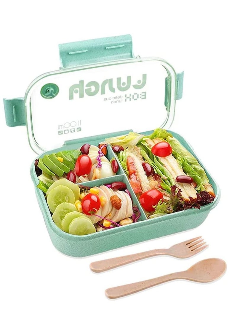 كاست ويف علب غداء بينتو 3 أقسام صندوق بينتو أخضر مع شوكة وملعقة مانعة للتسرب صندوق بينتو آمن في الميكروويف قش قمح حاويات غداء بينتو خالية من البيسفينول A صندوق بينتو للأطفال البالغين - Image 1