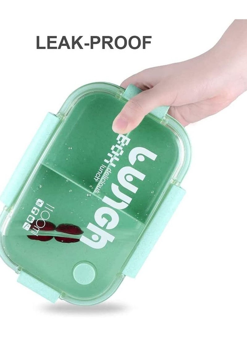 كاست ويف علب غداء بينتو 3 أقسام صندوق بينتو أخضر مع شوكة وملعقة مانعة للتسرب صندوق بينتو آمن في الميكروويف قش قمح حاويات غداء بينتو خالية من البيسفينول A صندوق بينتو للأطفال البالغين - Image 2