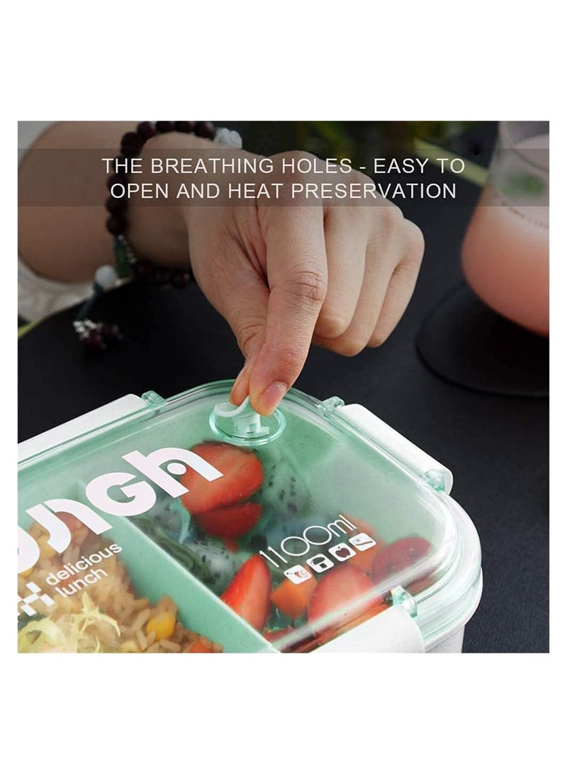 كاست ويف علب غداء بينتو 3 أقسام صندوق بينتو أخضر مع شوكة وملعقة مانعة للتسرب صندوق بينتو آمن في الميكروويف قش قمح حاويات غداء بينتو خالية من البيسفينول A صندوق بينتو للأطفال البالغين - Image 5