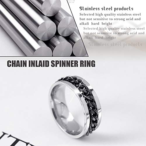 EIELO 9Pcs Stainless Steel Band Rings for Men Women Cool Fidget Spinning Chain Ring Anxiety Relief Fashion Simple Wedding Engagement Black Ring Set Size12 - Image 4