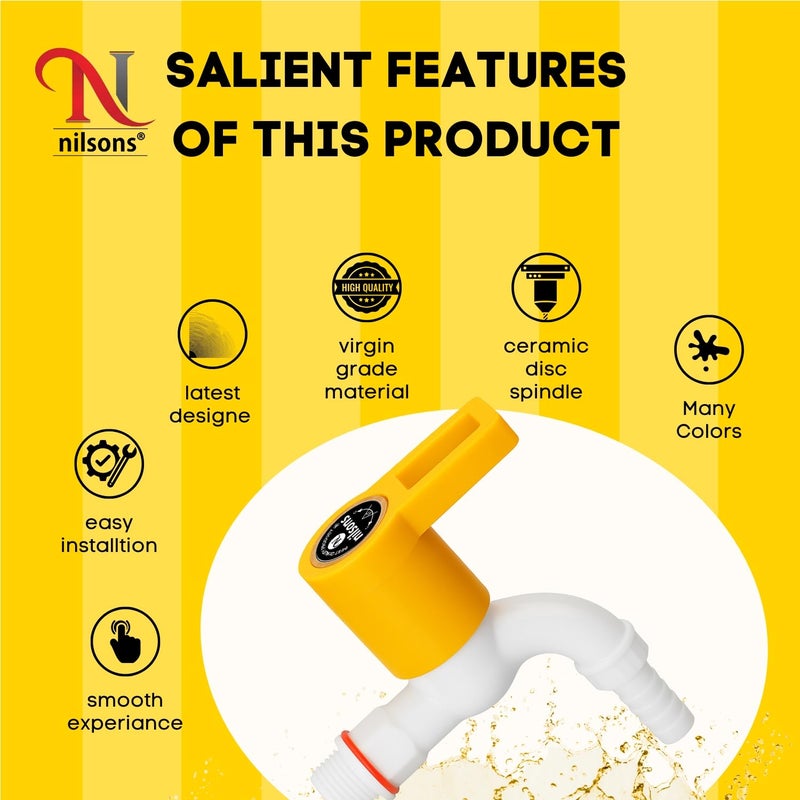 nilsons مجموعة صنبور فوهة 2 قطعة من سلسلة برايم (أصفر ملكي) | صنبور ماء بلاستيكي مع موصل خرطوم للحديقة، وغسالة الملابس، والحمام، والاستخدامات العامة | مثبت على الحائط | مانع للتسرب | مقاوم للصدأ - Image 3