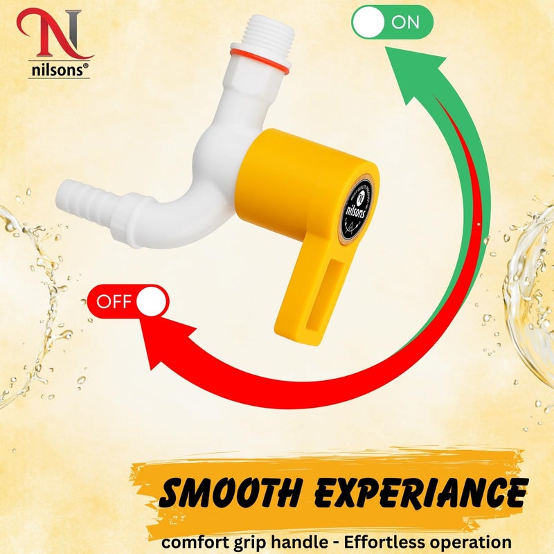 nilsons مجموعة صنبور فوهة 2 قطعة من سلسلة برايم (أصفر ملكي) | صنبور ماء بلاستيكي مع موصل خرطوم للحديقة، وغسالة الملابس، والحمام، والاستخدامات العامة | مثبت على الحائط | مانع للتسرب | مقاوم للصدأ - Image 5
