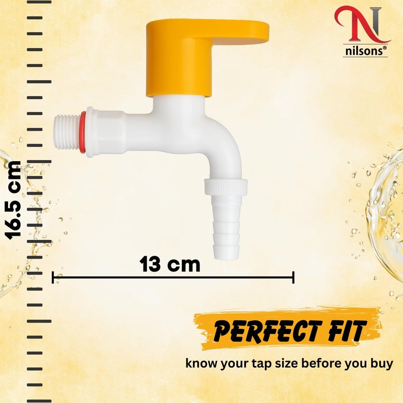 nilsons مجموعة صنبور فوهة 2 قطعة من سلسلة برايم (أصفر ملكي) | صنبور ماء بلاستيكي مع موصل خرطوم للحديقة، وغسالة الملابس، والحمام، والاستخدامات العامة | مثبت على الحائط | مانع للتسرب | مقاوم للصدأ - Image 4