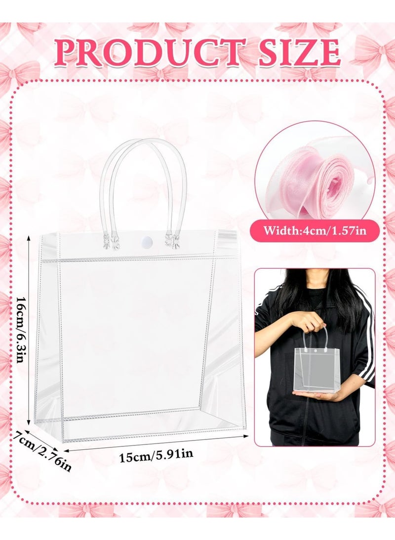 SYOSI Clear Gift Bags with Handles, Reusable Plastic Party Favor Bags with Ribbon Roll, Transparent Tote Goodie Bags for Wedding Birthday Baby Shower Return Gifts, 20 Pack, Pink - Image 3