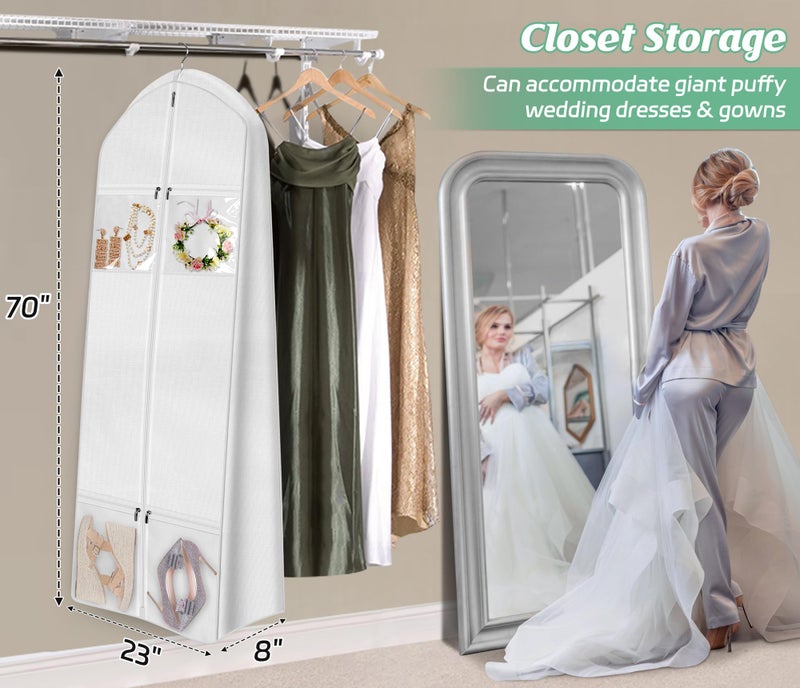 MISSLO حقيبة ملابس الزفاف المحمولة MISSLO بطول 70" مع حقيبة العروس 8" وحقائب فساتين مزودة بأربعة جيوب لتغطية الفساتين للنساء، بيضاء - Image 2