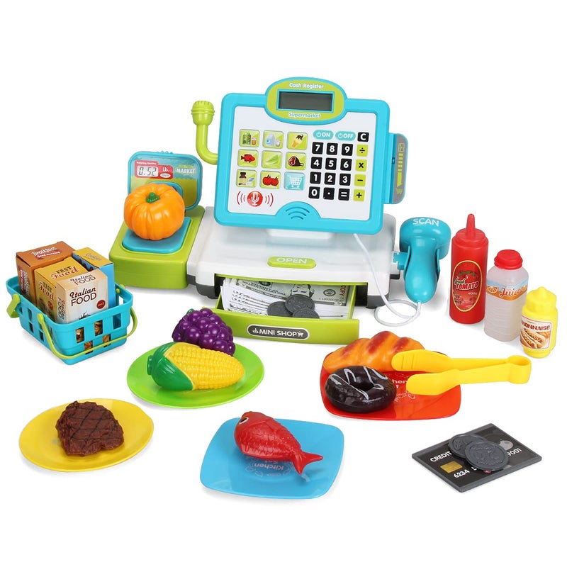  FS FS Pretend Play Cash Register Toys with Scanner Calculator Large Drawer Microphone Play Food Supermarket Cashier Register Toy PreSchool Gift for Kids Toddlers Boys  Girls Ages 3 4 5 6 7 8 - Image 2