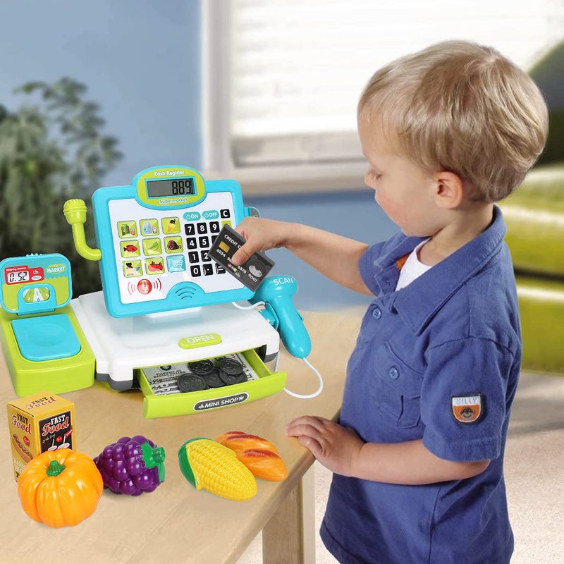  FS FS Pretend Play Cash Register Toys with Scanner Calculator Large Drawer Microphone Play Food Supermarket Cashier Register Toy PreSchool Gift for Kids Toddlers Boys  Girls Ages 3 4 5 6 7 8 - Image 3