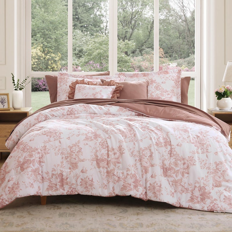 BLOOMHAVEN Queen Comforter Set 7 Pieces Pink Floral Comforter Set for All Seasons Bed in a Bag Queen with Botanical Flowers Comforter Sheets Pillowcases  Shams