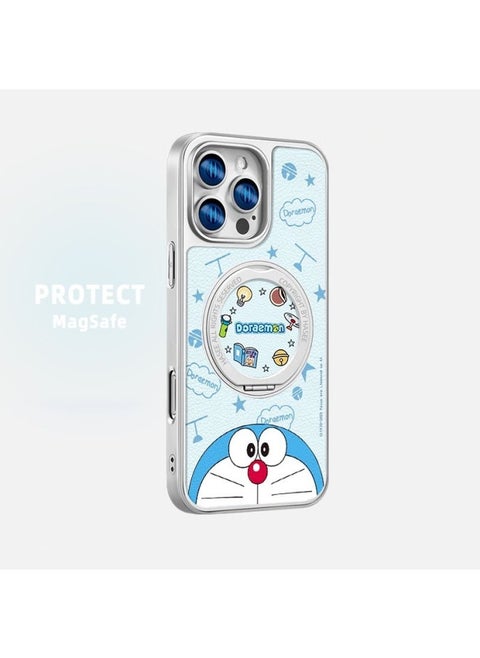 Doraemon Magnetic Bracket Silver Plating For Apple 16 Phone Case 15Pro Lambskin Soft Shell Hard Shell-Color:[yp001 Doraemon] Electroplated Silver-360 Rotating Dot Bracket Magnetic Suction-Applicable Models:Apple 15pro
