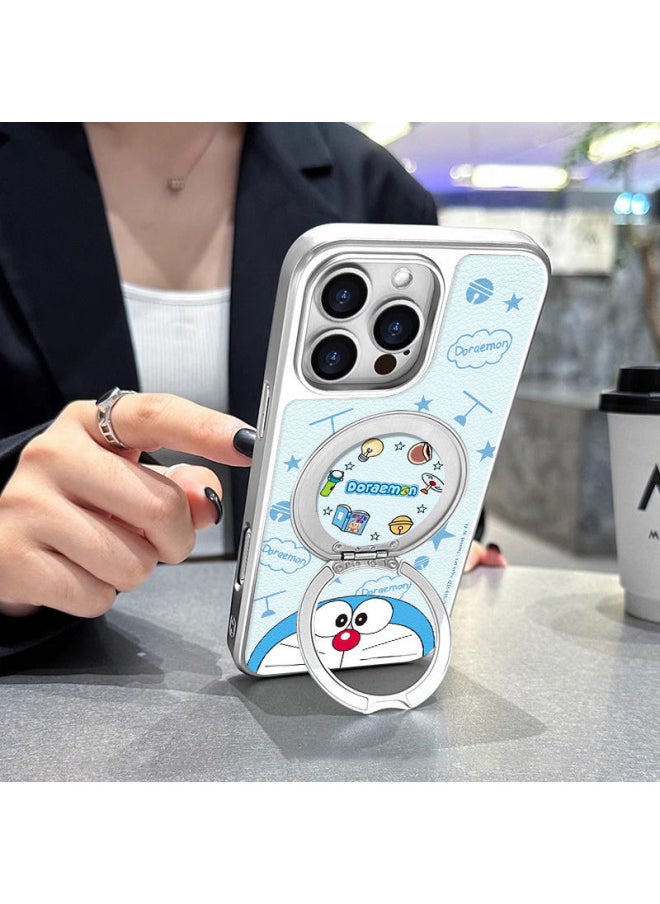Doraemon Magnetic Bracket Silver Plating For Apple 16 Phone Case 15Pro Lambskin Soft Shell Hard Shell-Color:[yp001 Doraemon] Electroplated Silver-360 Rotating Dot Bracket Magnetic Suction-Applicable Models:Apple 15pro