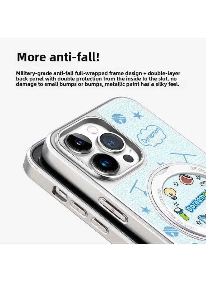 Doraemon Magnetic Bracket Silver Plating For Apple 16 Phone Case 15Pro Lambskin Soft Shell Hard Shell-Color:[yp001 Doraemon] Electroplated Silver-360 Rotating Dot Bracket Magnetic Suction-Applicable Models:Apple 15pro