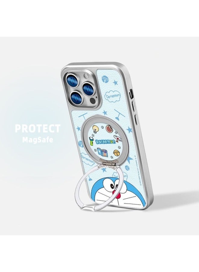 Doraemon Magnetic Bracket Silver Plating For Apple 16 Phone Case 15Pro Lambskin Soft Shell Hard Shell-Color:[yp001 Doraemon] Electroplated Silver-360 Rotating Dot Bracket Magnetic Suction-Applicable Models:Apple 15pro