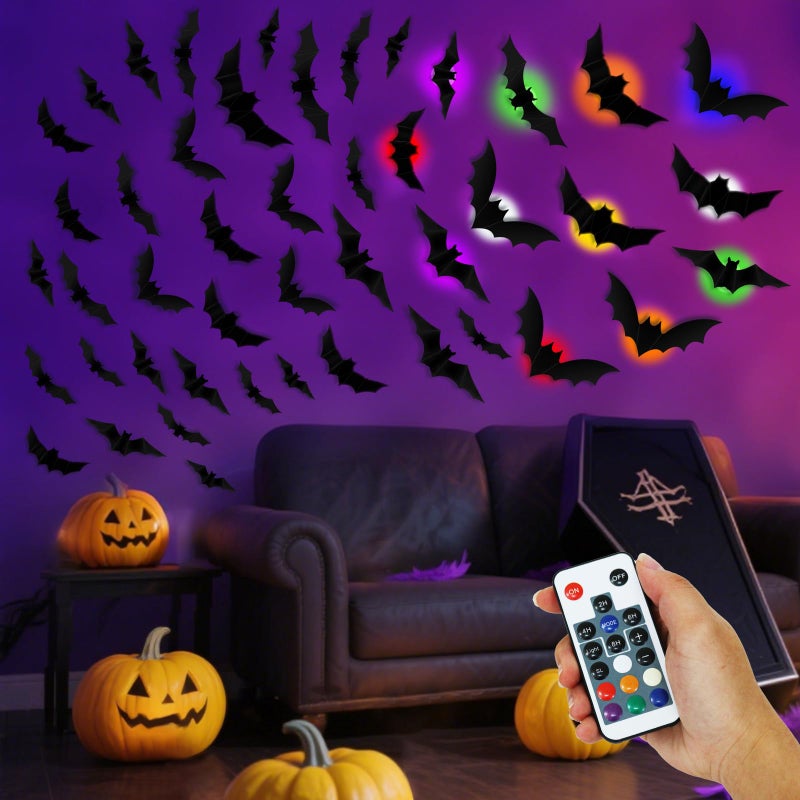 PChero 12 Lights 48 Bats Halloween Decoration Kit with Remote Timer Color Changing Light up Bats Wall Decor 10 Different Size 3D Bat Stickers for Window Wall Living Room Bedroom Party Spooky Decor - Image 2