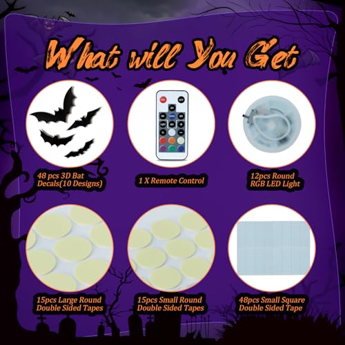 PChero 12 Lights 48 Bats Halloween Decoration Kit with Remote Timer Color Changing Light up Bats Wall Decor 10 Different Size 3D Bat Stickers for Window Wall Living Room Bedroom Party Spooky Decor - Image 3