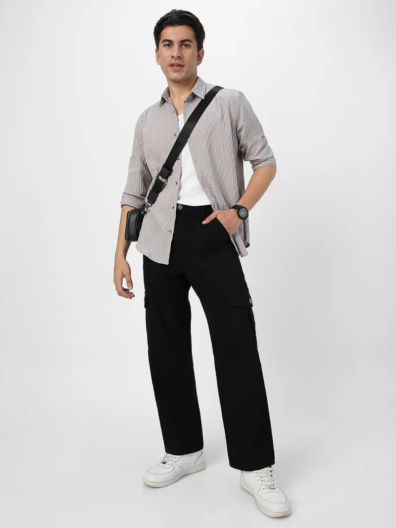 Urbano Fashion  Urbano Fashion Men's Ice Grey Cotton Full Sleeve Regular Fit Textured Shirt with Spread Collar  | Best Price UAE