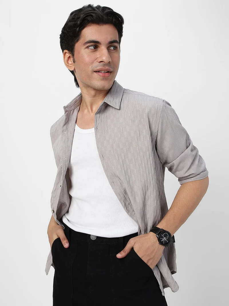 Urbano Fashion Men's Ice Grey Cotton Full Sleeve Regular Fit Textured Shirt with Spread Collar