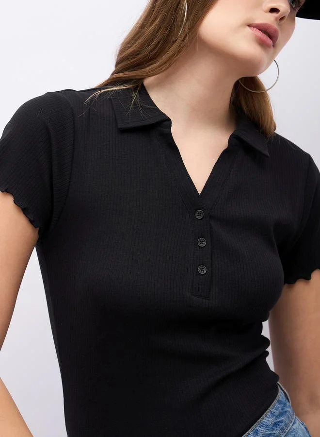 Styli Ribbed Lettuce Edge Detail Regular Fit Polo T-Shirt