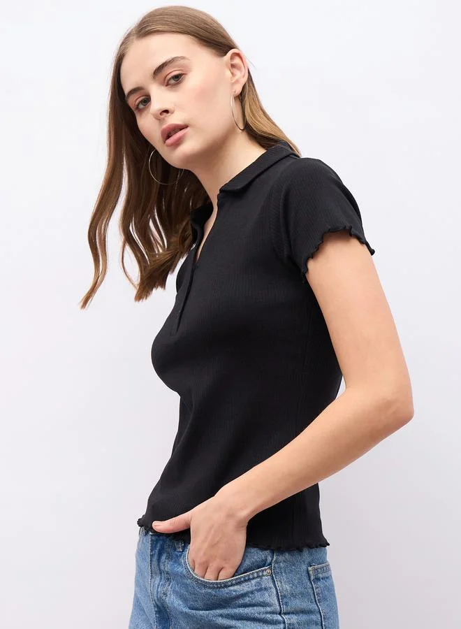 Styli Ribbed Lettuce Edge Detail Regular Fit Polo T-Shirt