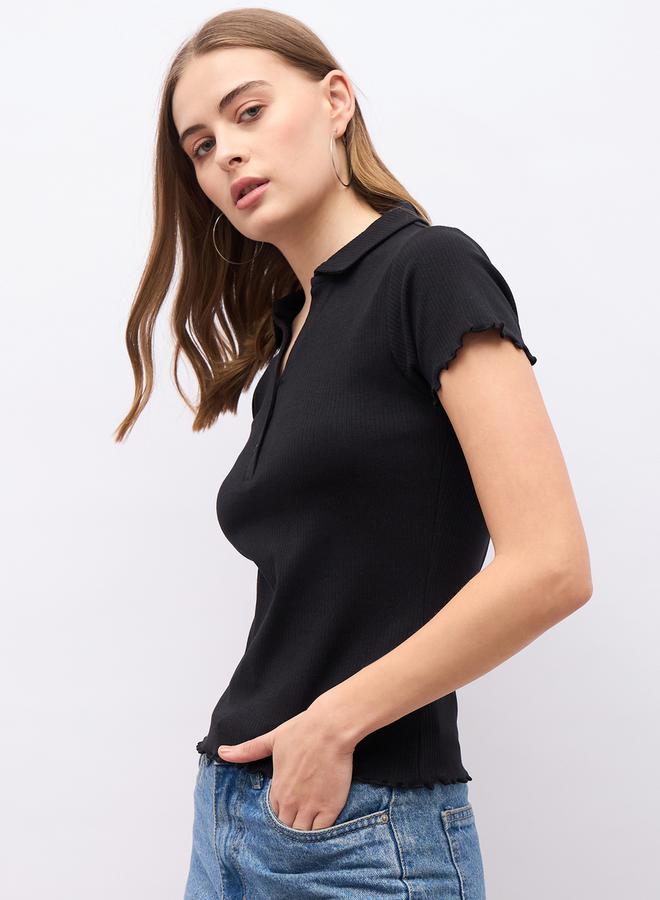 Styli Ribbed Lettuce Edge Detail Regular Fit Polo T-Shirt  - Image 3