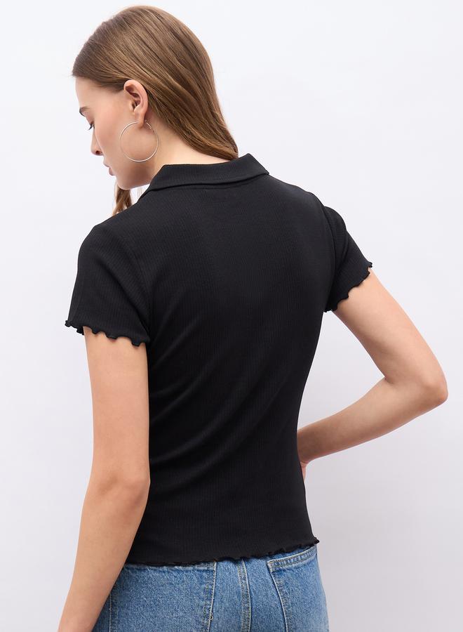Styli Ribbed Lettuce Edge Detail Regular Fit Polo T-Shirt  - Image 5