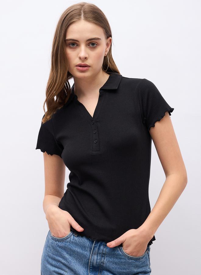 Styli Ribbed Lettuce Edge Detail Regular Fit Polo T-Shirt  - Image 2