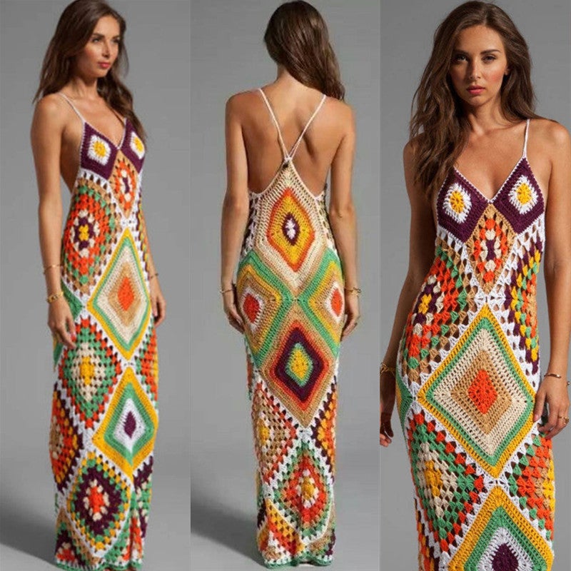Handmade Crochet Beach Wedding Dress Intercolor Stitching Long Dress(Intercolor, XL) - Image 2