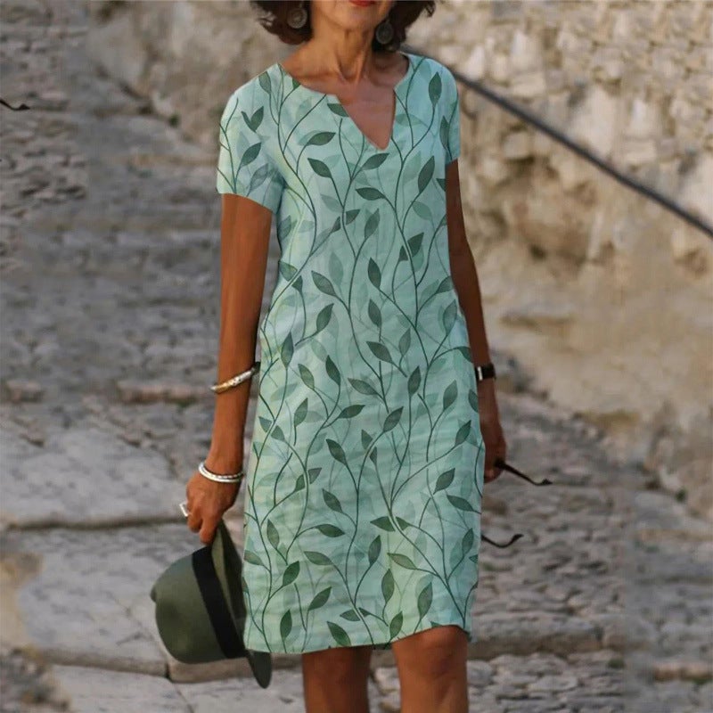 2022 European and American Women's Linen-Cotton Digital Print V-Neck Loose Dress - Image 2