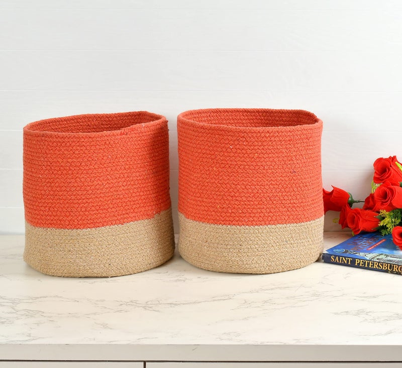 LaVichitra Braided Cotton Baskets | Storage Bins Organizer | Laundry, Toys & Planter Basket- Set of 2 (10 Inch), Orange - Image 1